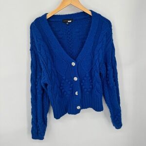 Slate and Willow Royal Blue Cable Knit Button Front Cardigan Sparkle Buttons XS